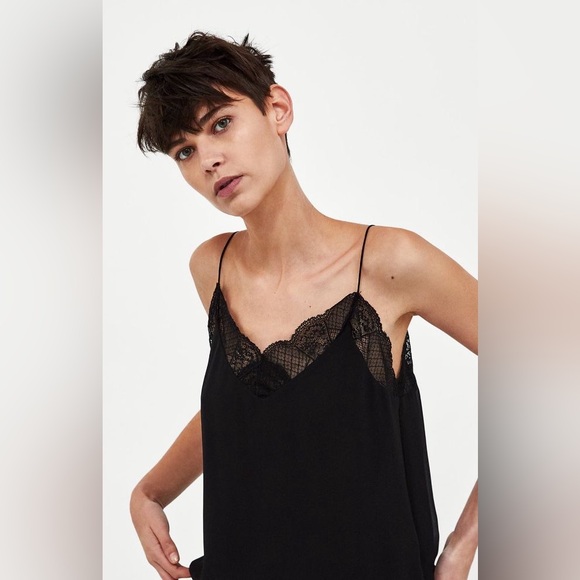 Zara Black Lace Trim Camisole Size Medium Layering Tank Top - Picture 1 of 10